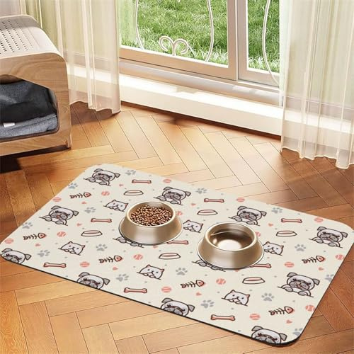 Niedliche Mops-Hunde- und Katzen-Futtermatte mit Knochen für Böden, saugfähig, schnelltrocknend, Katzen-Futtertischsets mit rutschfestem Gummi für Hundefutter und Wassernapf