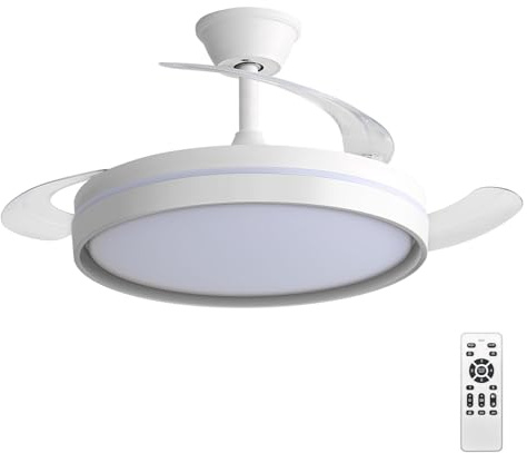 EXTRASTAR 106cm Ventilatore da Soffitto con Luce e pale retrattili, Silenzioso Lampada Ventilatore da Soffitto con Telecomando e Motore DC per Camera da Letto, Cucina, Soggiorno, 6 Velocità