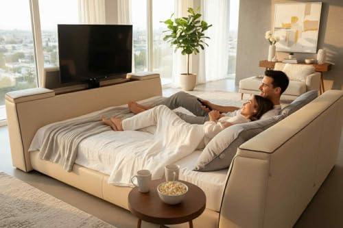 EFFETTO CASA SANREMO Letto Matrimoniale su Misura con TV a Scomparsa Motorizzata, Costruzione Artigianale Personalizzabile, Televisione Integrata nella Pediera con Telecomando