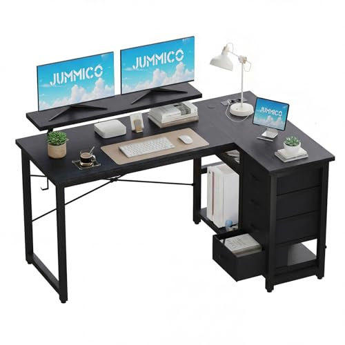 JUMMICO L-Form Schreibtisch 140×80cm Beidseitig Montierbar mit Steckdosen | L-Form Eckschreibtisch mit 4 Stoffschubladen & viel Stauraum, Computertisch mit Steckdosen für Homeoffice und Gaming
