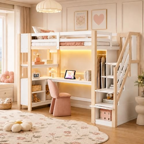 Merax Holz Hochbett 90 x 200 cm, mit Schreibtisch, Kleiderschrank, Treppe mit Stauraum, Regal und Ablagefach, Hochbett mit LED Lichtleiste und Steckdose, weiß & Holzfarbe (ohne Matratze)