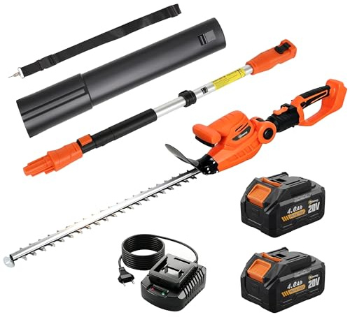 Outsunny Tagliasiepi a Batteria 18V da Giardino 2 Batterie da 4Ah Arancione | Taglia Siepi con Caricatore, Palo Telescopico Regolabile in Alluminio, Lama a Doppia Azione 51cm, per Rami Arbusti Rametti
