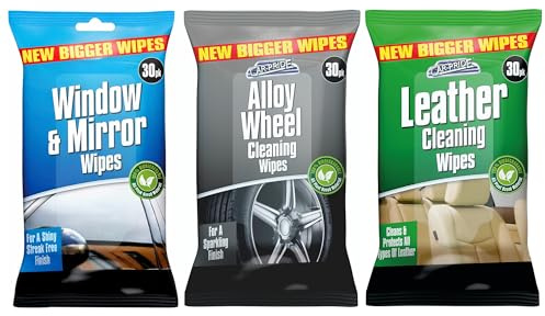 VR ANGEL Car Cleaning Wipes 3 Pack Alloy Wheel Leather Interior Window & Mirror Wipes 30 Wipes Each Multi Purpose Car Care Cleaning Wipes Removes Dirt Grease Streak Free Finish