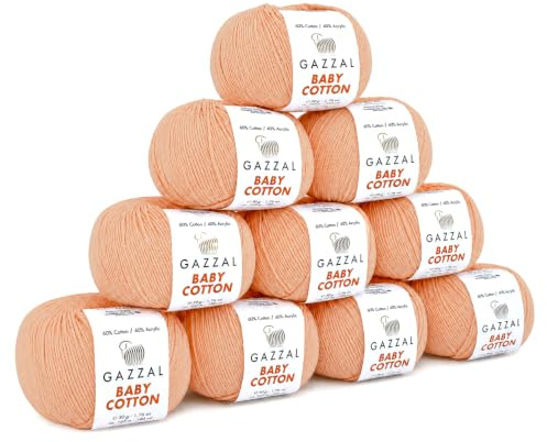 Gazzal Baby Cotton - 60% Baumwolle-10 Knäuel je 50 g/165 m - dünne Wolle zum Häkeln und Stricken - Strickgarn - Häkelgarn - Pflegeleicht und Hautfreundlich - Nadelstärke 3-4 (PFIRSICH)