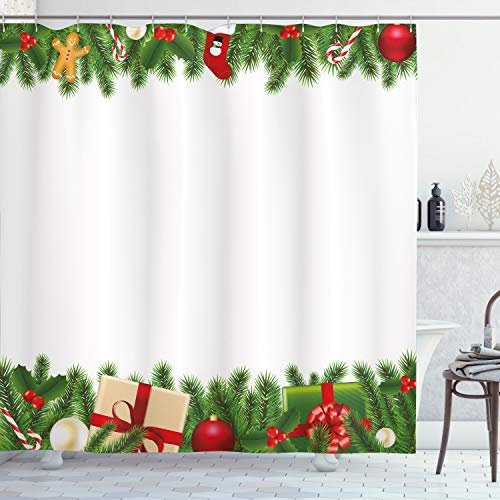 ABAKUHAUS Natale Tenda da Doccia, Classic Ghirlanda, Tessuto Set di Decorazioni per il Bagno con Ganci, per la vasca da bagno, 175 cm x 200 cm, Verde Rosso