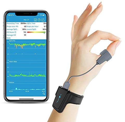 Pulsoximeter, Sauerstoffsättigung Messgerät Finger und Handgelenk mit Bluetooth und Vibration Alarm für Schnarchen, tragbarer Schlafmonitor mit kostenlosem APP&PC-Bericht