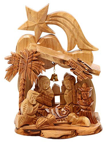 Holyart Capanna con presepe ulivo di Betlemme con Natività e Chiesa 15x10x10 cm