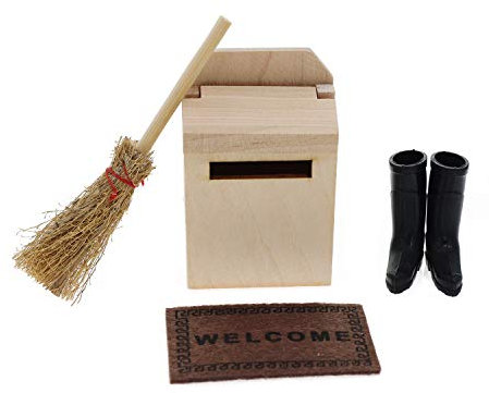 witgift Miniatur Puppenhaus Zubehör Mini Holz Briefkasten Besen Teppichdecke Schuhe Puppenstube Mikro Landschaft Ornament Möbel Deko