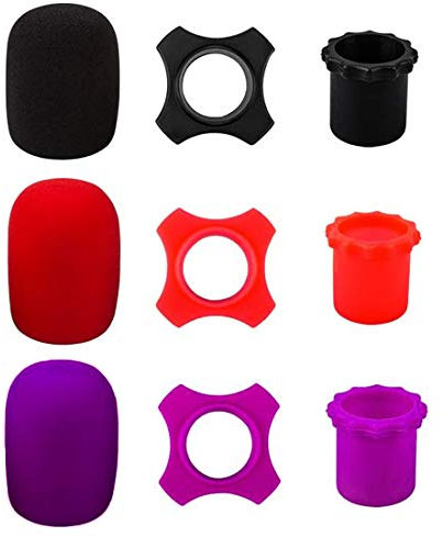 TuNan 9PCS Wireless Handheld Microphone Protection, Silicone Ring, Bottom Rod Sleeve Holder, Windscreen Foam Cover for KTV Device, Shakeproof & Anti-Rolling - Black, Red, Purple