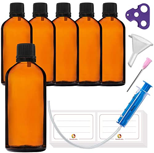 HandsUnity 6 x 100ml Amber Glass Bottles with Black Amber Glass Cap with 18 Tools
