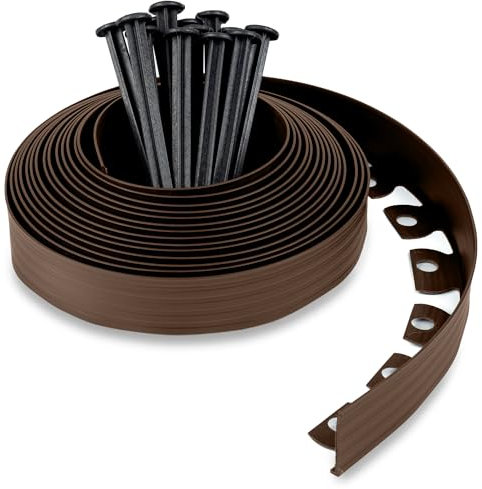 Bordure de Jardin en Plastique 10 mètres avec 30 Piquets d'ancrage - Bordurette de Jardin Flexible - Hauteur 50mm - Utilisation Facile, Marron