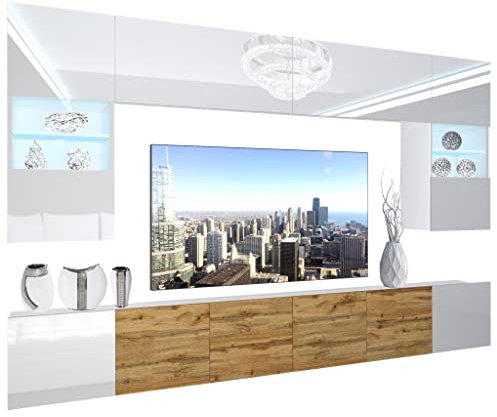 BELINI Wohnwand Vollausstattung Wohnzimmer-Set Moderne Schrankwand mit LED-Beleuchtung Anbauwand TV-Schrank Weiß Top Seiten Weiß unten/Eiche Wotan