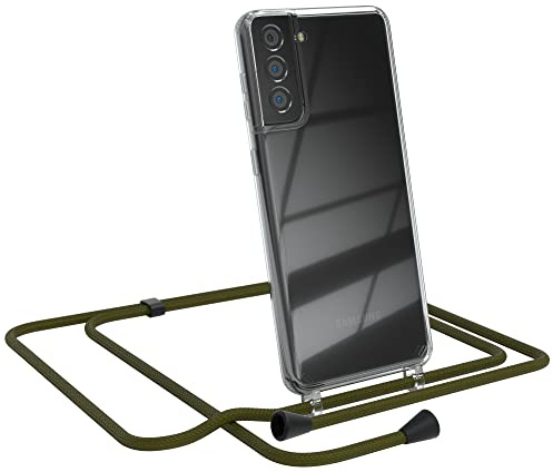 EAZY CASE Handykette kompatibel mit Samsung Galaxy S21 Plus 5G Handyhülle mit Umhängeband, Handykordel mit Schutzhülle, Silikonhülle, Hülle mit Band, Kette mit Hülle, Grün - Clips Schwarz