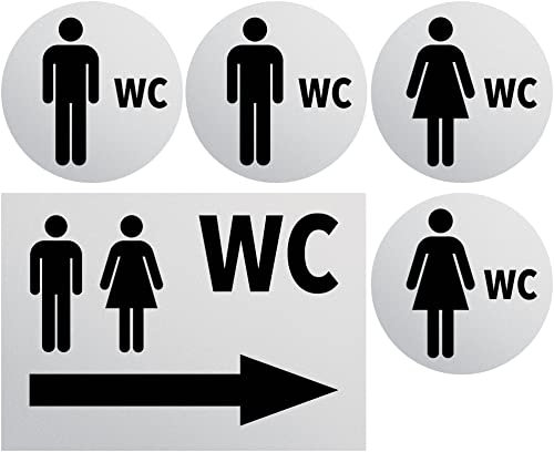 Clever Pool Aufkleber WC Toiletten Set Damen + Herren Schild – wetterfest - Toilettenschild – Türschild – Folienschild – D = 148 mm, Hinweisschilder neutral grau (2 WC Herren+Damen+Pfeil rechts grau)
