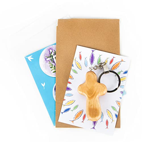 Logbuch-Verlag Kleiner Holz Kreuz Schlüsselanhänger Kommuniongeschenk Gott Glaube religiöses Geschenk mit Karte 7,4 x 10,5 cm und Sticker