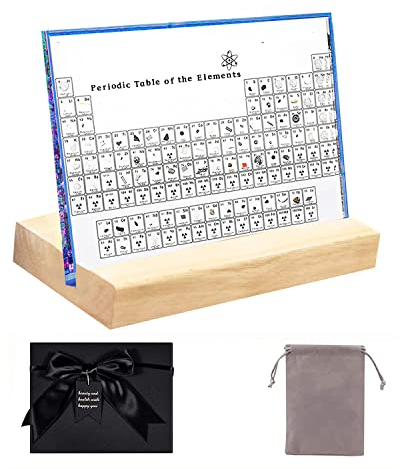 SDJFKLI Blaues Periodensystem mit echten Elementen im Inneren, echtes Periodensystem der Elemente, mit Holzsockel, Acryl-Periodensystem, 83 Proben, Geschenkbox-Verpackung