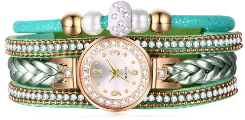 JewelryWe Uhren Damen Leder Vintage: Glitzer Strass Grün Mehrreihig Geflochten Lederarmband Armbanduhr Frauen Analog Quarz Uhr mit Kugel Perlenarmband Geschichtet Leder Armband Surferarmband