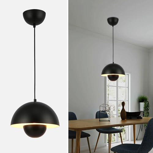 SUNLLOK Modern Flowerpot Pendant Light, Round Metal Pattern Mini Downward Dome Shade Ceiling Hanging Lamp, Industrial Chandelier for Kitchen Island, Dining Room, Living Room (Black)