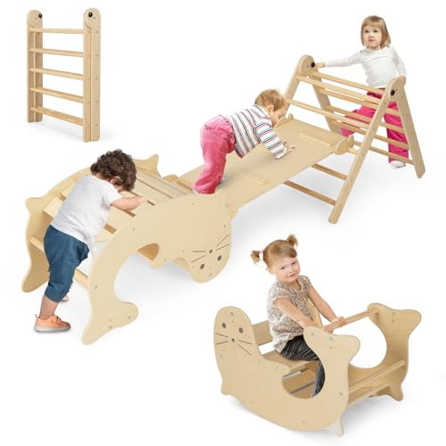 COSTWAY Kletterdreieck mit Rutsche, 7 in 1 Klettergerüst Indoor ab 3 Jahren, Kletterdreieck klappbar & höhenverstellbar, Indoor Spielplatz frei kombinierbar (Natur)