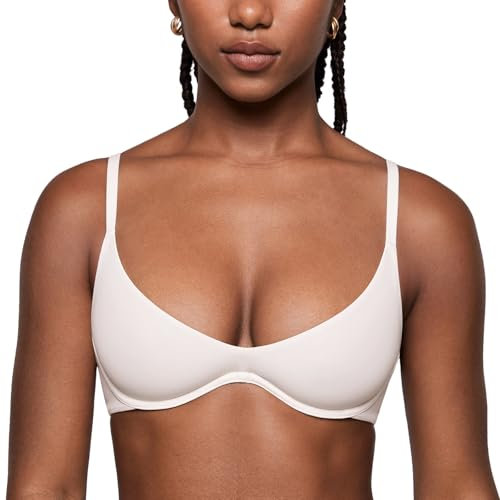 INLYRIC Women's Inbarely Plus Plunge Bra Scoop Neck Unlined Underwire Sexy Demi Balconette Bras Coconut White 32B