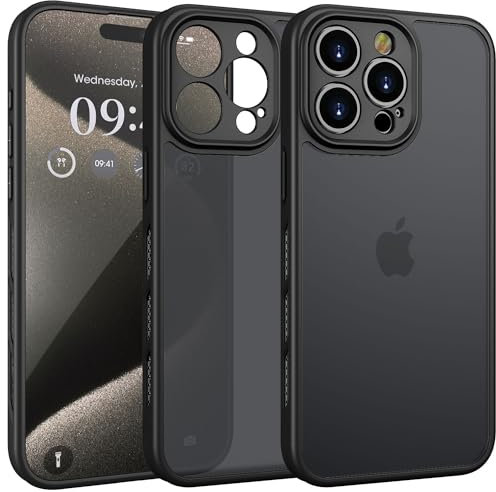 KPPIT for iPhone 15 Pro Max Case Shockproof,Heat dissipation Translucent frosted Full body protection,iPhone 15 Pro Max Phone case camera protection 6.7 inch(Black)