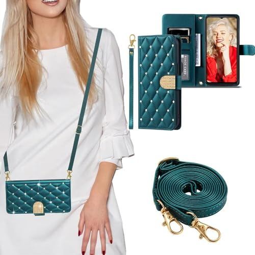 SEHEYA kompatibel mit Samsung Galaxy S10 Handys Kette Hülle Klappbar Glitzer Strasssteine Leder Handyhülle zum Umhängen Schutzhülle Handytasche Etui 2 in 1 Handy Cover Dunkelgrün