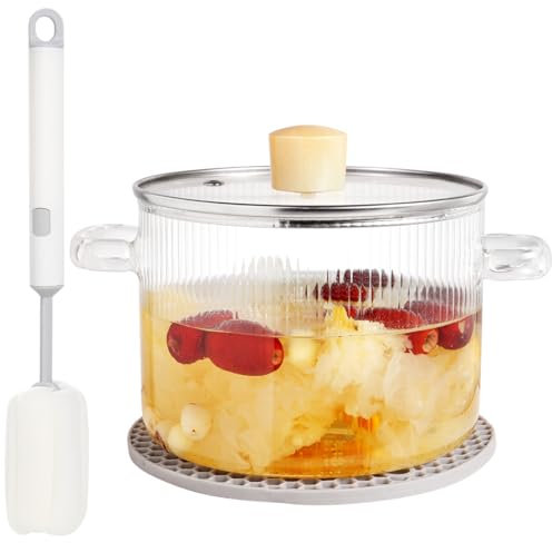 Glass Cooking Pot with Lid - 1.8L(63oz) Heat Resistant Borosilicate Glass Saucepan with Brush & Anti-Scalding Mat for Pasta Noodle, Soup, Milk, Baby Food