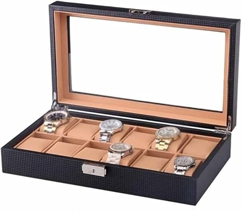 MYVVKIA Uhrenetui aus Kohlefaser. Uhrenorganizer aus schwarzem PU-Leder mit Schloss. Uhrenetui für Schmuck