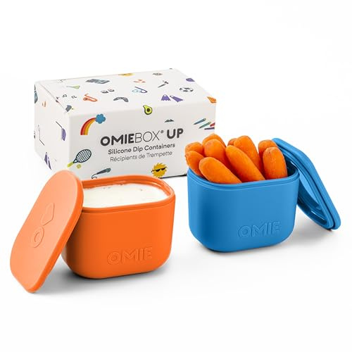 Omie Box UP - Recipientes a prueba de fugas para aderezo de ensalada, recipiente para condimentos con tapas, silicona apta para alimentos, 4.5 onzas (azul/naranja)