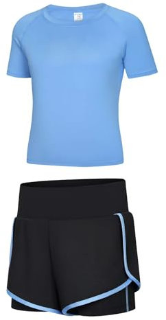 Echinodon Mädchen Sport Set Kurz Schnelltrockend Shirt + 2 in 1 Shorts mit Innenhose Anzug für Yoga Jogging Training Blau 150