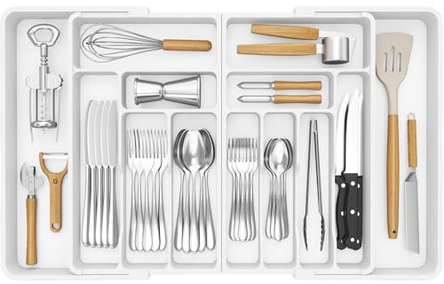 Lifewit Große Besteckkasten für Schubladen, Kunststoff Einstellbar 11-13 Fächern Besteckeinsatz 54-91CM Küchenutensilien Schubladen Organizer Küche Besteckkorb für Backen/Messer/Gabel/Löffel, Weiß