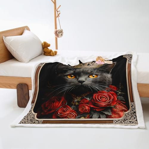 Kuscheldecke Retro Rose Cat Decke Flanell Lammwolle Kuscheldecke Flauschig Fleecedecke Weich Decken Waschbar Felldecke Pflegeleicht Blanket Langlebig Sofadecke Flauschige 80x150cm