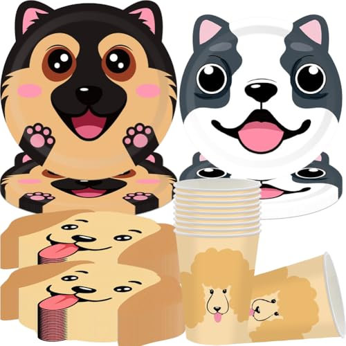 Hundeparty-Dekorationen,Teller in Hundeform, Hund Form Pappteller, Hundepfotendruck Geschirrset, 50PCS Teller, Servietten, Pappbecher, für Kindergeburtstag Party Deko 10 Persone