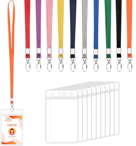 Segus Tour de Cou Porte Badge, 10 Pièces Cordon Tour de Cou avec Porte Badge en Pvc, Porte Carte Plastique Transparent, Lanyard avec Boucle Pivotante, pour École, Hôpital, Entreprise (Vertical)
