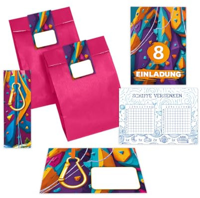 12 Einladungskarten zum 8. Kindergeburtstag Mädchen Jungen Klettern Kletterpark Einladungen achte Geburtstag incl. 12 Umschläge, 12 Tüten/pink, 12 Aufkleber, 12 Lesezeichen, 12 Schiffe versenken