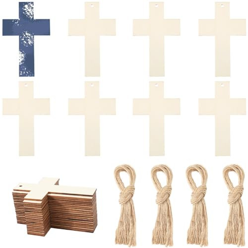 GORGECRAFT 20 Stück 11x7cm Unbehandelte Holzkreuzscheiben Blanke Holzkreuzausschnitte Mit 20 Stück Hanfseilen Holzkreuz Geschenkanhänger Mit Loch Hängende Ornamente Für Heimwerker Basteln Kirchenhochz
