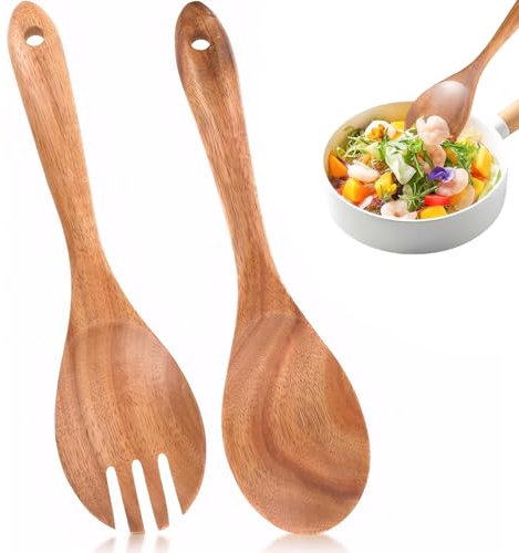 SIWOKJJO Lot de 2 couverts à salade en bois d'acacia - 26 cm - Cuillère à salade - Couverts en bois d'acacia - Ustensiles de cuisine