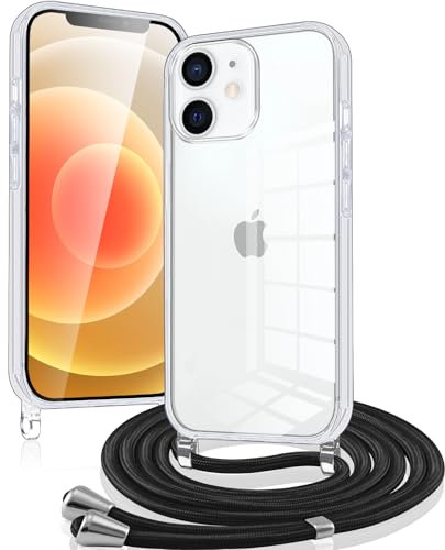 Pnakqil Coque pour iPhone 12/iPhone 12 Pro avec Cordon de Collier, Rigide en Acrylique Transparent Silicone Bumper Protection Étui Lanyard avec Sangle Réglable Chaîne Case pour iPhone 12, Noir 01