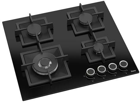 Ferre SC325/W - 60cm Built-in Gas Hob - 4 Burners - Wok Burner - Black Glass - Cast Iron Pan Supports