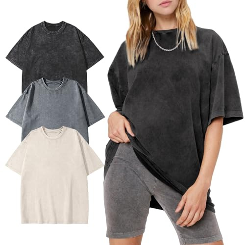 PEHMEA 3 Pcs Women's Oversized T-Shirts Cotton Short Sleeve Vintage Washed Baggy Boyfriend Streetwear Summer Tops, Black+grey+beige, XL