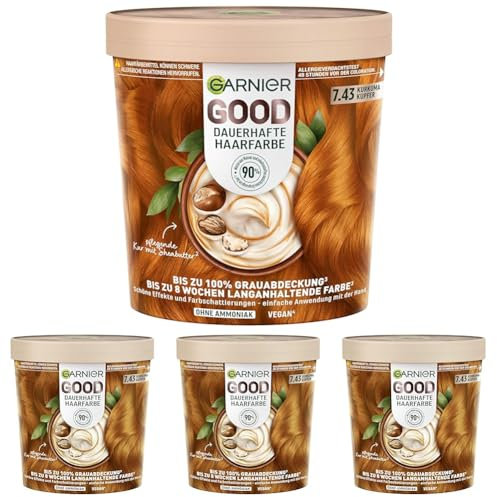 Garnier GOOD Dauerhafte Haarfarbe 7.43 Kurkuma Kupfer – Coloration ohne Ammoniak, bis zu 100% Grauabdeckung, 1 Stk. (Packung mit 4)