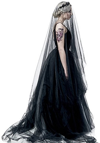 FakeFace Lange Schwarz Tüll Schleier 5 Meter mit Schnittkante für Hochzeiten, Fotografie und Halloween Kostüme, Gothic Haarschmuck Brautschleier Witwenschleier Hexenkostüm für Frauen