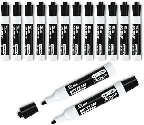 SUIN Whiteboard Marker Schwarz – 12er Set Tafelmarker mit kräftiger Linienbreite, trocken abwischbare Whiteboard-Stifte für Büro, Schule, Meeting & Homeoffice
