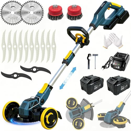 Myeljnergy Akku Rasentrimmer für Makita-Akkus, 21V Rasentrimmer mit Akku | Rasentrimmer mit Unkrautbürste und 2 x 4,0Ah Akku, 2-in-1 Akku Freischneider/Rasenkantenschneider für Garden Trimmen