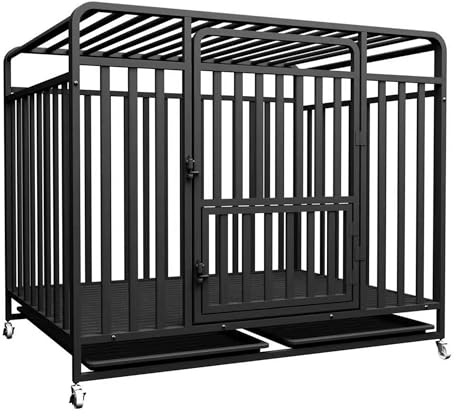 Heavy Duty Dog Kennel Cage with Double Doors, Escape Proof Metal Frame, Removable Tray, Lockable Wheels, Easy Assembly