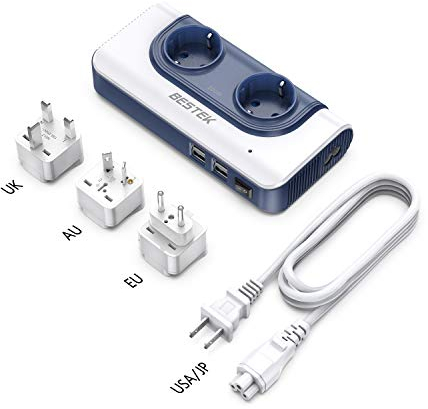 200W Reise Spannungswandler von BESTEK Wechselrichter 120V auf 240V mit 2 EU Steckdosen und 4 USB Anschlüsse,Weltweit Universal für (USA,UK,EU,AU,CN,Blau