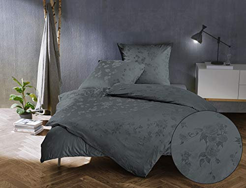 Bettwaesche-mit-Stil Mako Satin Jacquard Damast Bettwäsche Zoé Rose - Stahl grau - 200x200 + 2X 80x80 cm