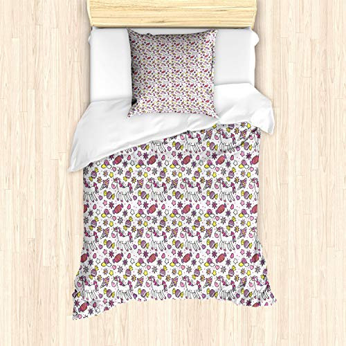 ABAKUHAUS Unicorn Fitted Sheet, Unicorn Candies Stars, Decorative 2 Piece Bedding Set with 1 Pillow Sham, 135 cm x 200 cm - 80 x 80 cm, Yellow Lilac Pink