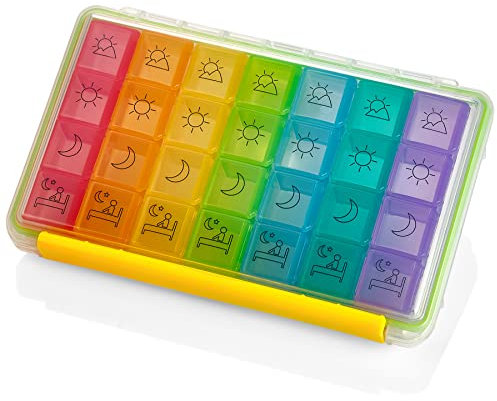 Weekly Pill Organizer - Portable 4 Times-A-Day - Water Moisture-Proof AM/PM Pill Case, Colorful 7 Day Medicine Holder Pill Box with Labels for Prescriptions, Medications, Vitamins, and Supplements