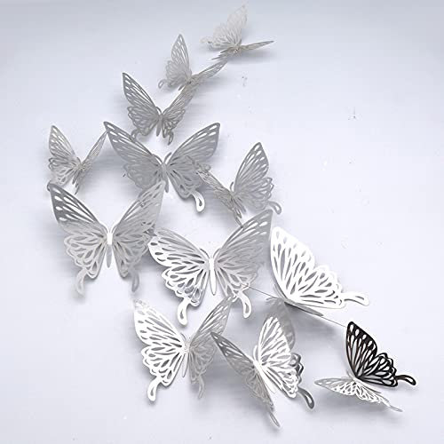 CAYUDEN Schmetterling Wandsticker, 3D, 24 Stück, Silber, Wandaufkleber, Schmetterlingsform, Modern, Glänzend, Abnehmbar, Ungiftig, Innenbereich, Wanddekoration
